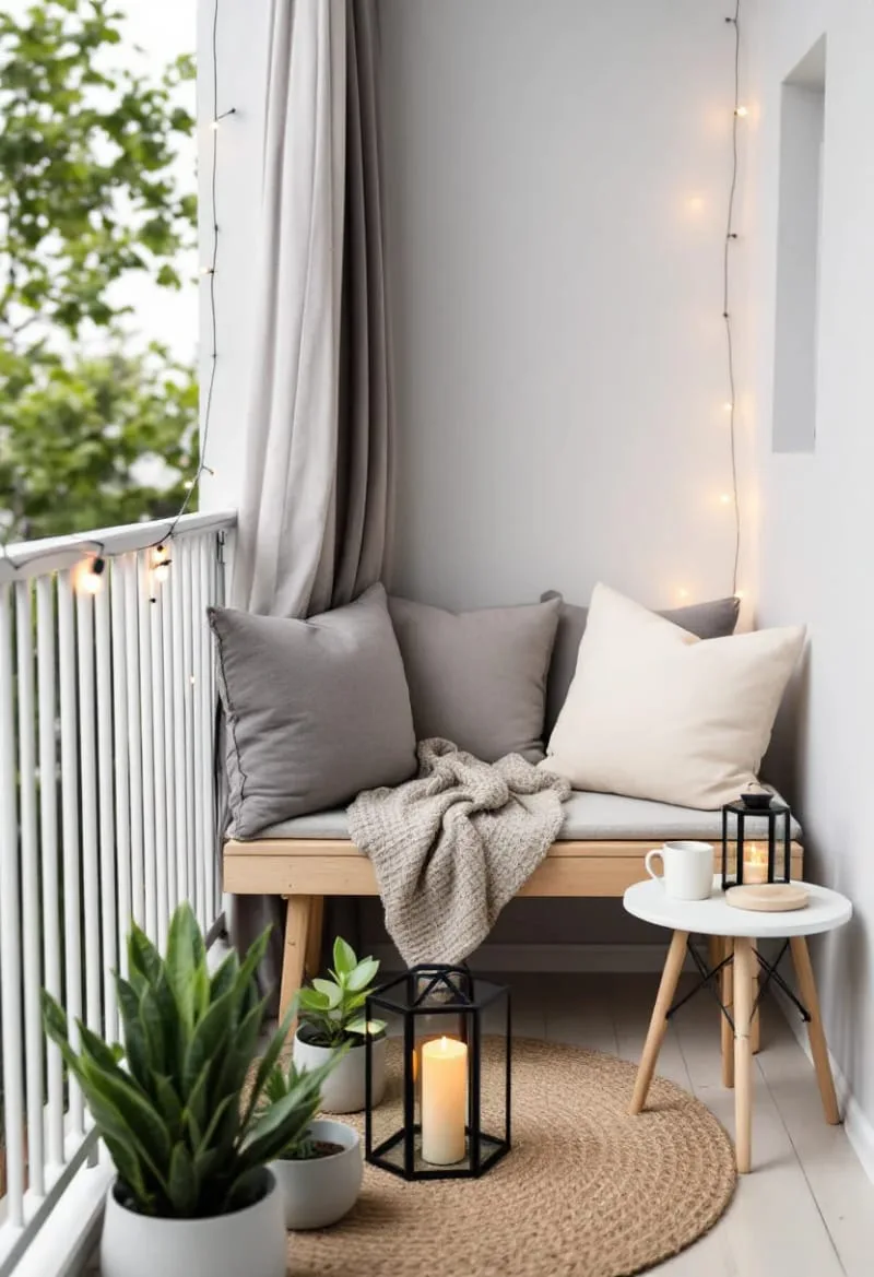 scandinavian-style bench with neutral cushions and lanterns 1