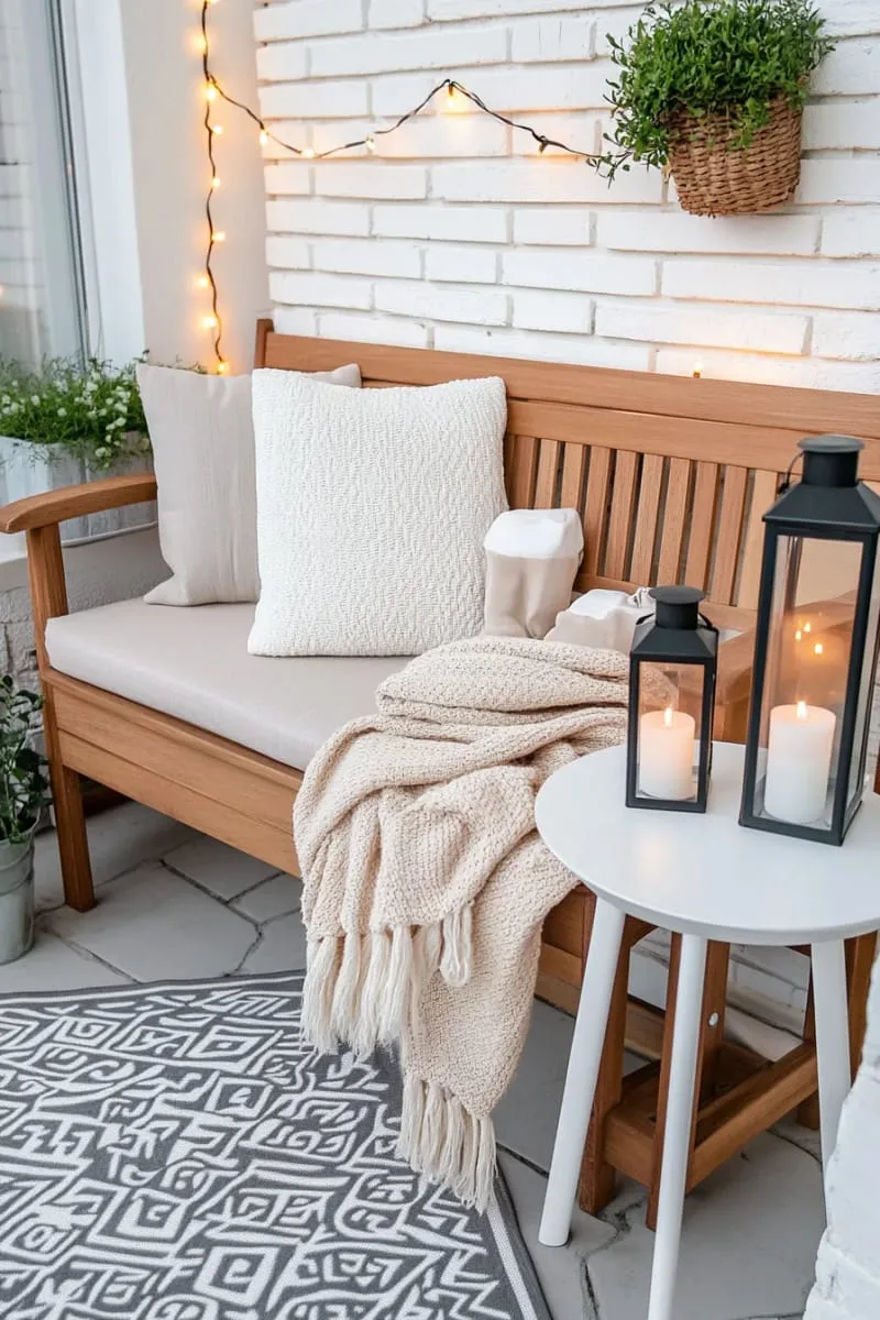 scandinavian-style bench with neutral cushions and lanterns 1
