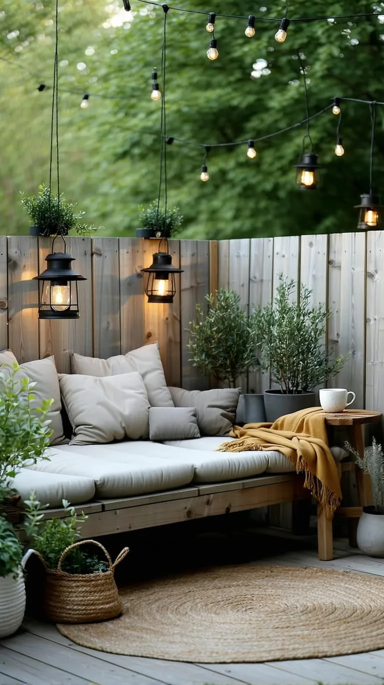 scandinavian-style bench with neutral cushions and lanterns 1