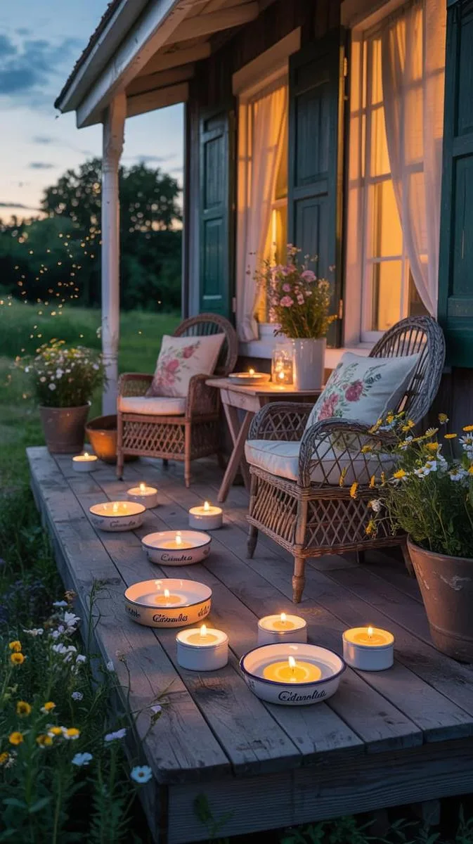 27 Dreamy Farmhouse Summer Decor Inspirations to Refresh Your Space 70 scattered citronella candles in enamelware bowls to keep summer evenings bug-free 1