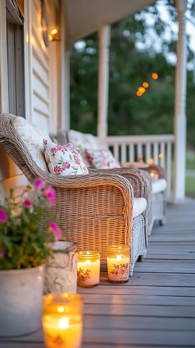 27 Dreamy Farmhouse Summer Decor Inspirations to Refresh Your Space 71 scattered citronella candles in enamelware bowls to keep summer evenings bug-free 1