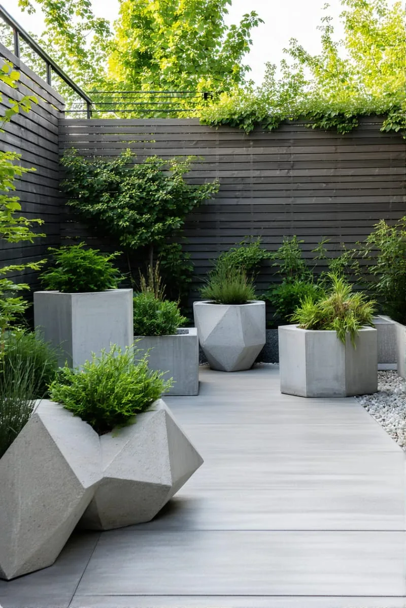 15 Unique Concrete Backyard Ideas for Creative Outdoor Style 4 sculptural concrete planters clustered for a minimalist backyard focal point 1