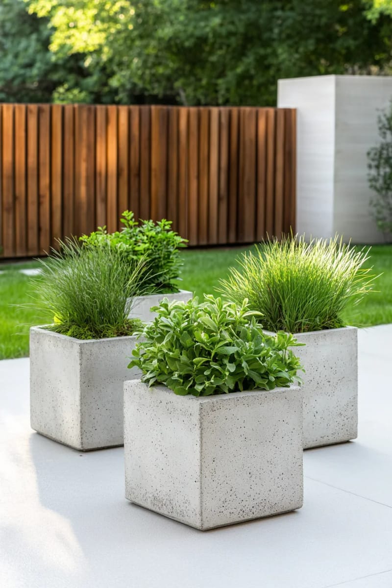 15 Unique Concrete Backyard Ideas for Creative Outdoor Style 6 sculptural concrete planters clustered for a minimalist backyard focal point 1