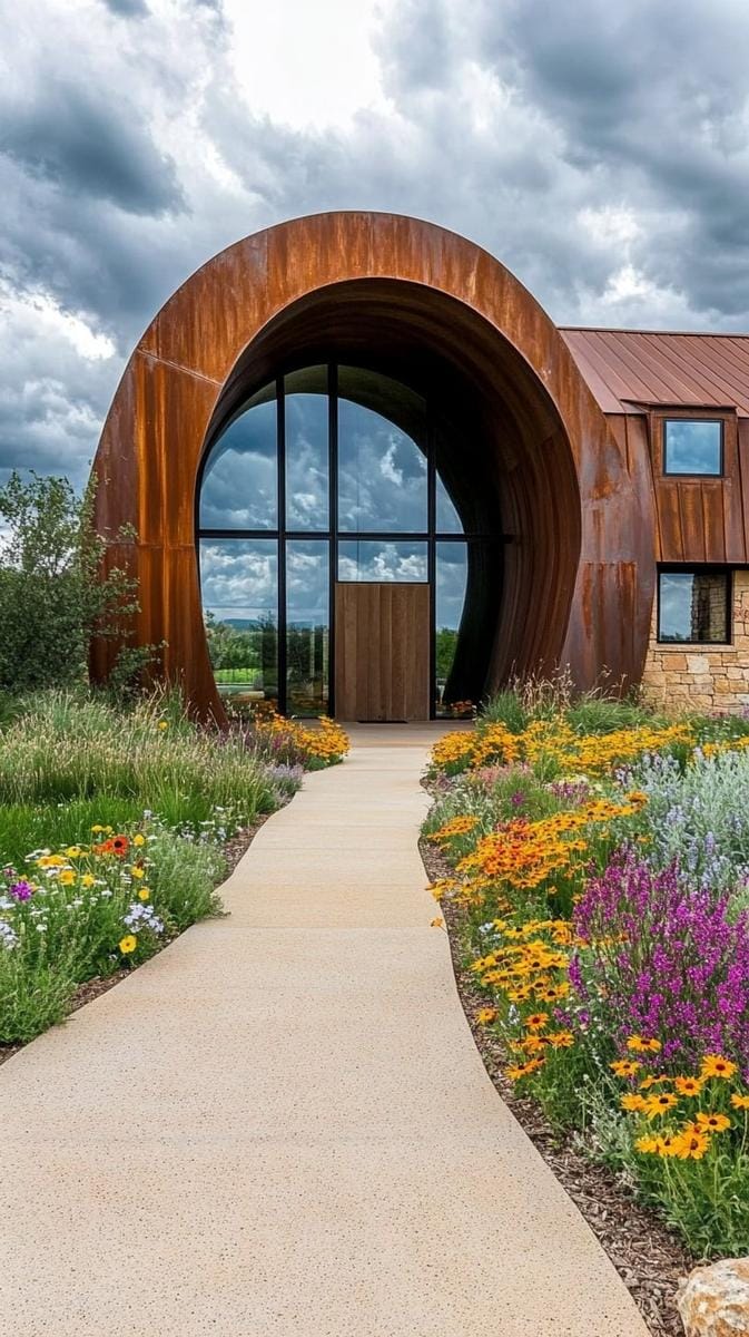 sculptural corten steel entryway blending seamlessly into prairie landscaping 1