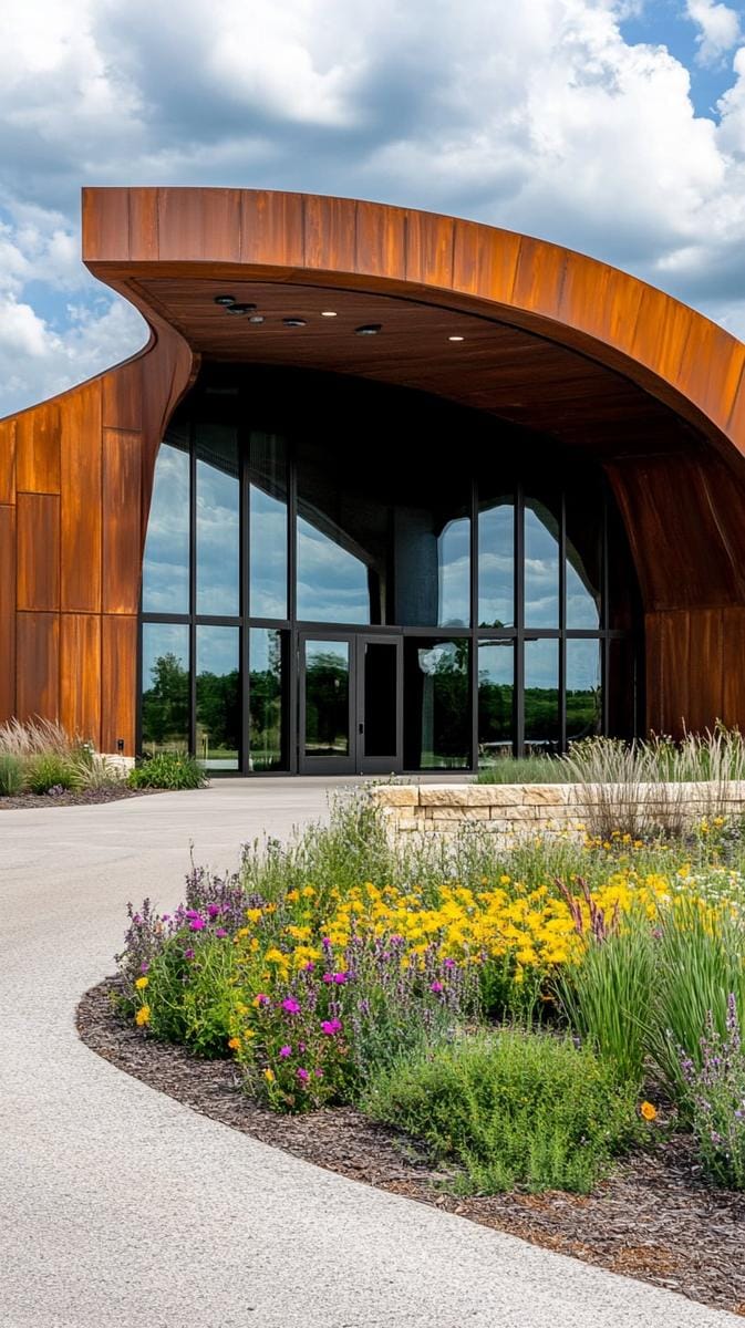 sculptural corten steel entryway blending seamlessly into prairie landscaping 1