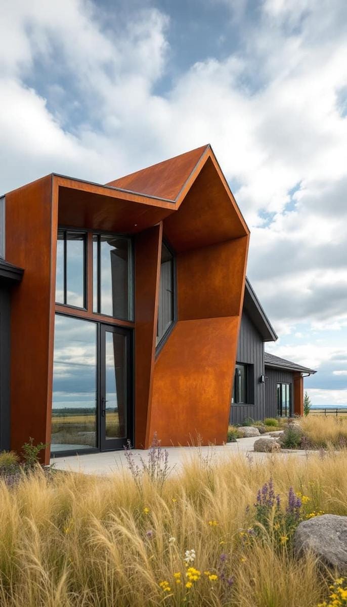 sculptural corten steel entryway blending seamlessly into prairie landscaping 1