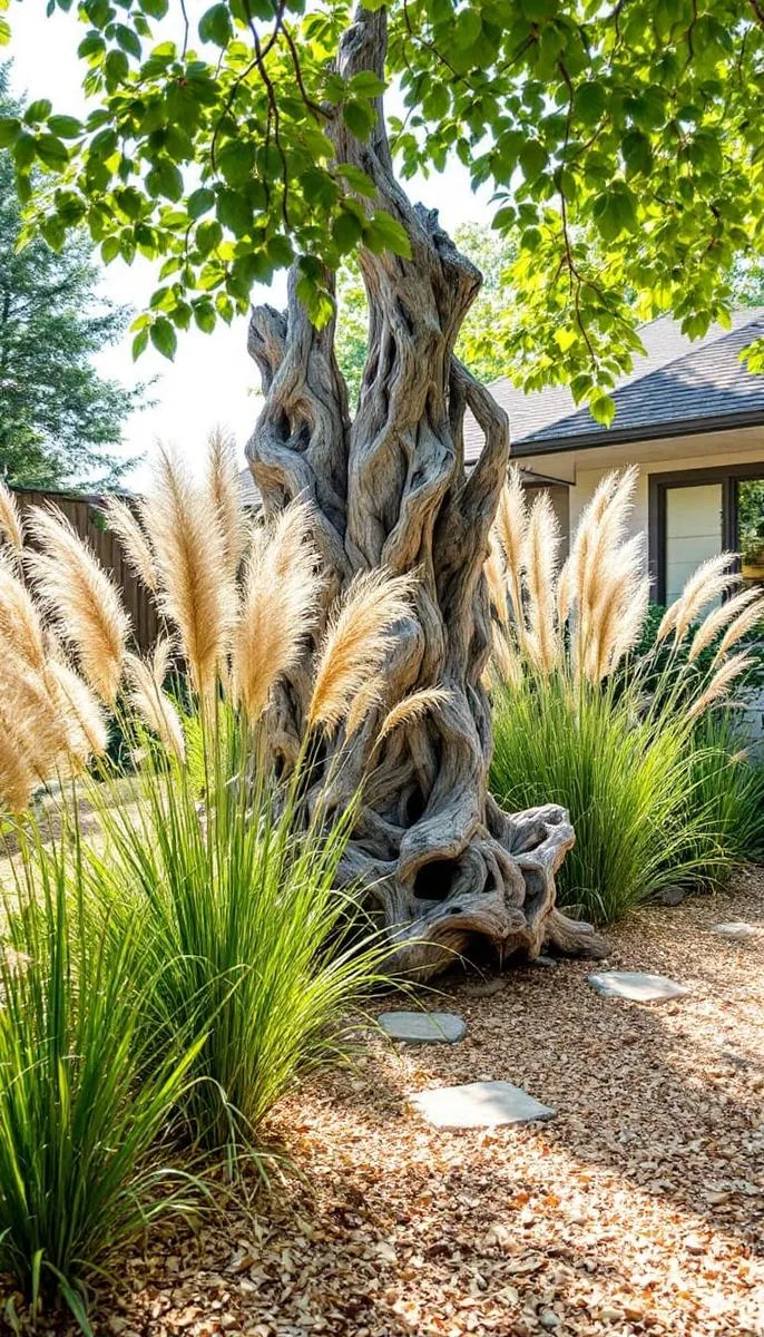 sculptural driftwood art installation paired with native grasses 1