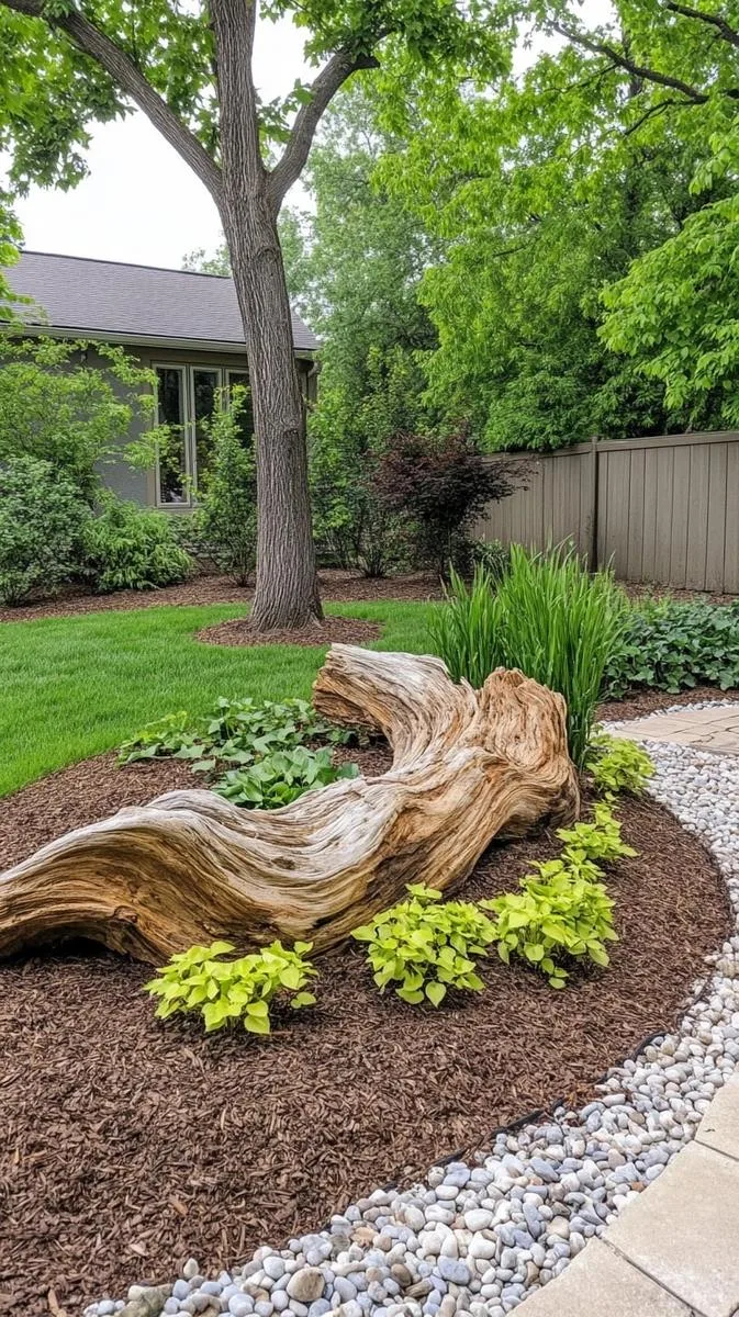 sculptural driftwood art installation paired with native grasses 1