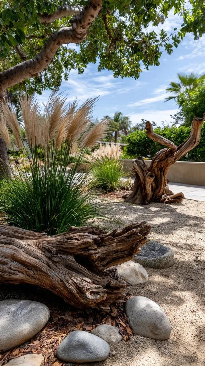 sculptural driftwood art installation paired with native grasses 1