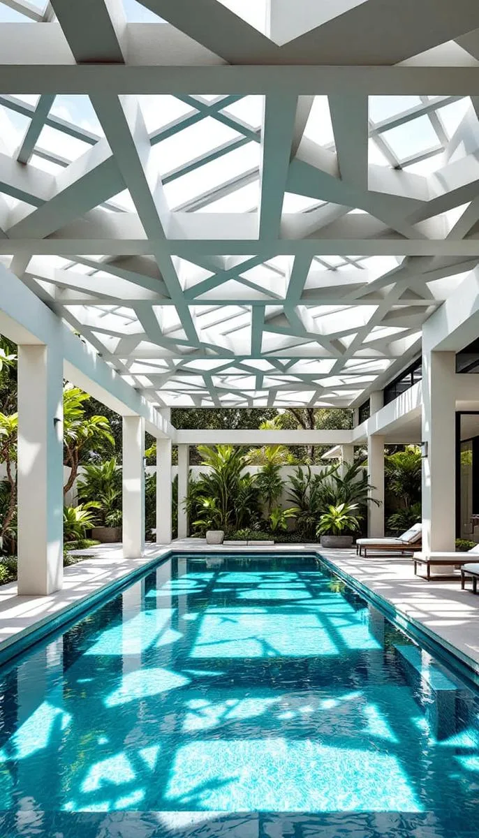 sculptural, geometric pergola casting artistic shadows onto the pool surface 1 sculptural, geometric pergola casting artistic shadows onto the pool surface 1