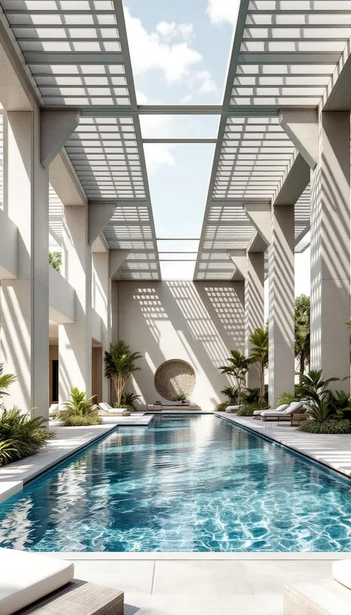 sculptural, geometric pergola casting artistic shadows onto the pool surface 1 sculptural, geometric pergola casting artistic shadows onto the pool surface 1