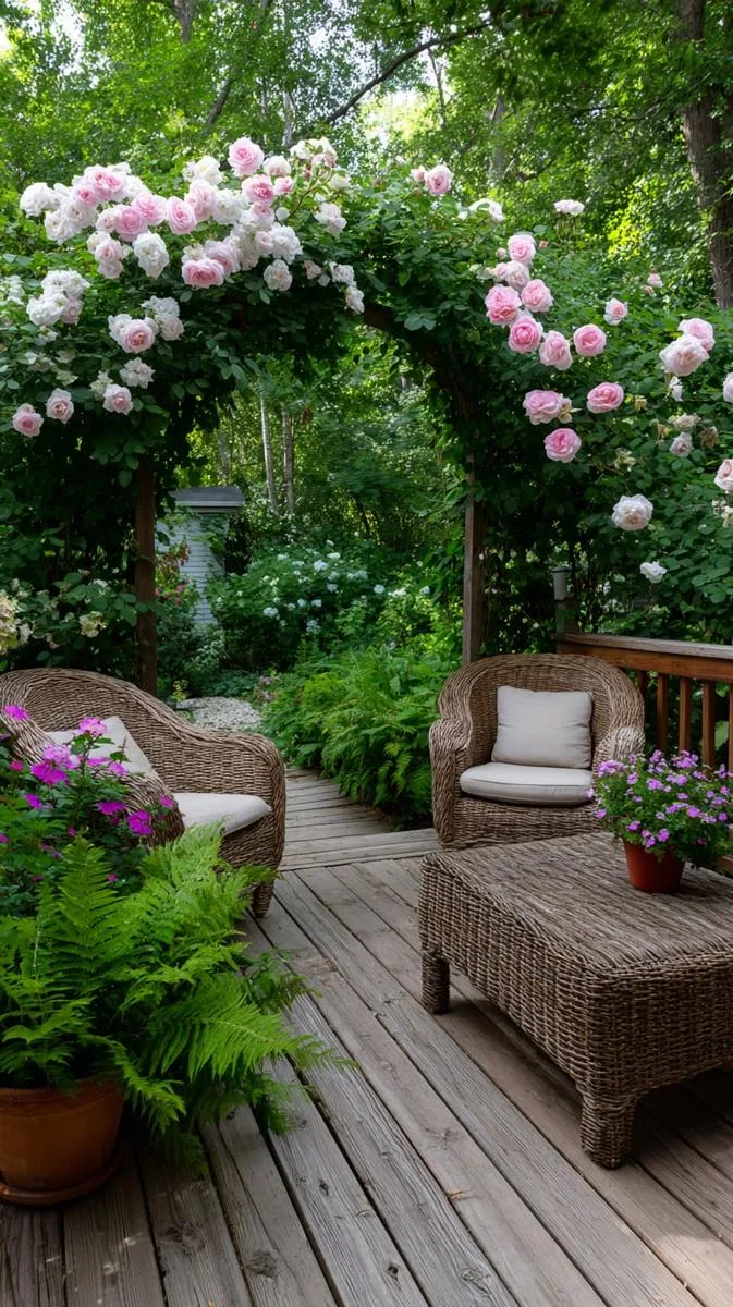 secret garden deck with arched trellis entry and climbing roses 1