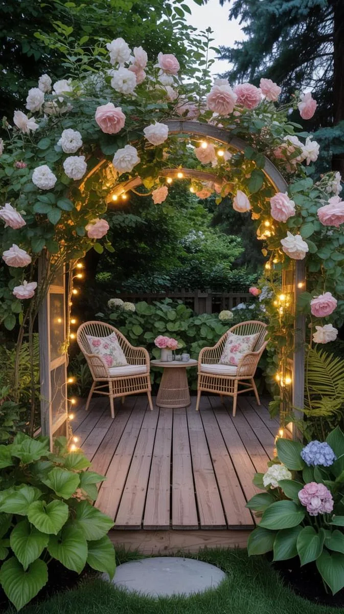 secret garden deck with arched trellis entry and climbing roses 1