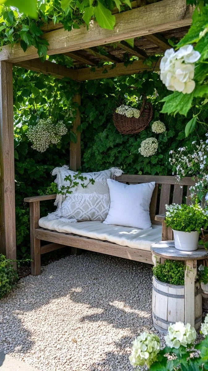 secret garden reading nook with vintage bench and climbing vines 1