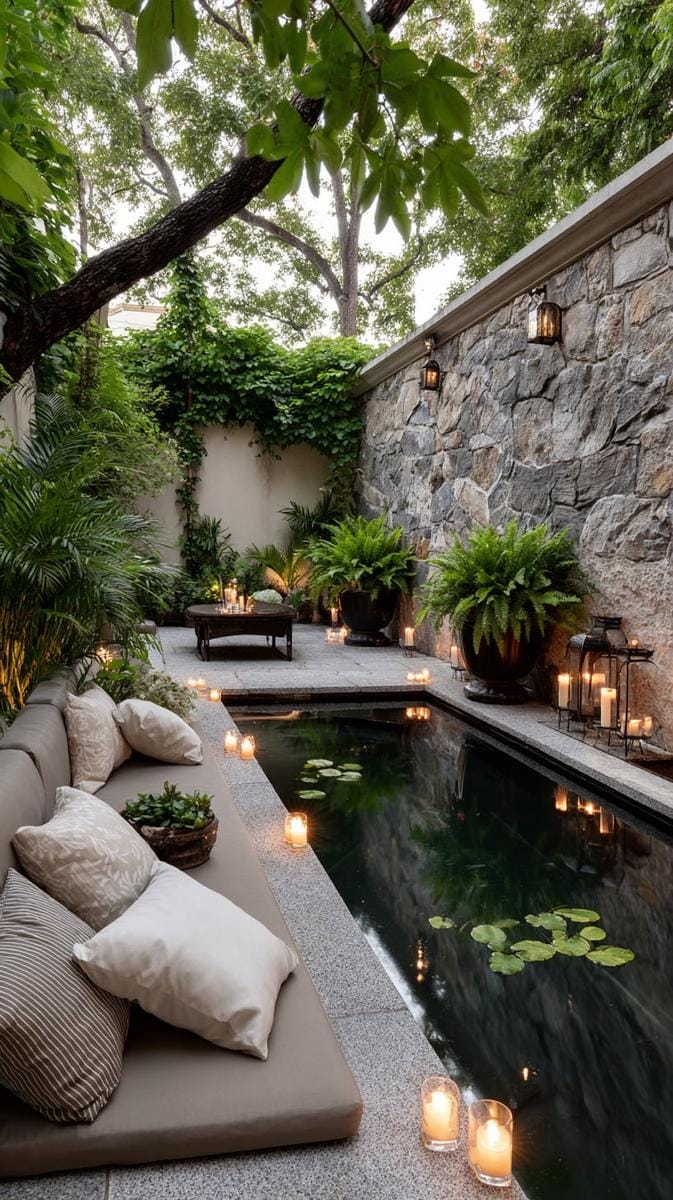 shaded courtyard nook with a wall-mounted sheet waterfall and candles 1