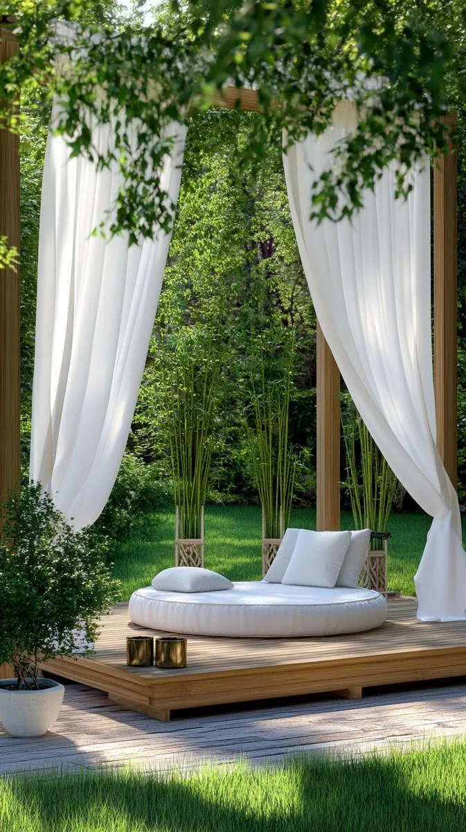 shaded meditation platform with sheer curtains and potted bamboo 1