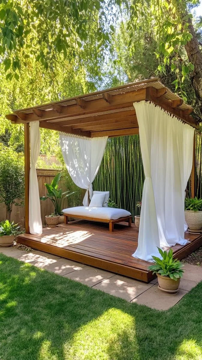 shaded meditation platform with sheer curtains and potted bamboo 1