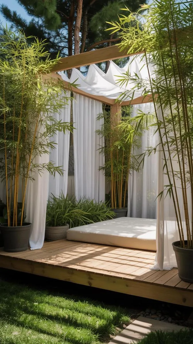 shaded meditation platform with sheer curtains and potted bamboo 1