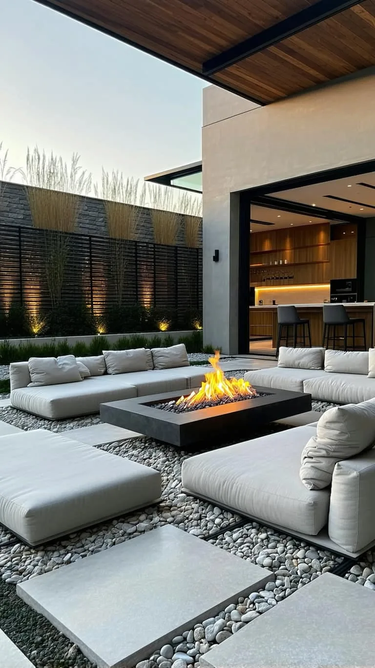 sleek concrete fire pit lounge area with minimalist outdoor furniture 1