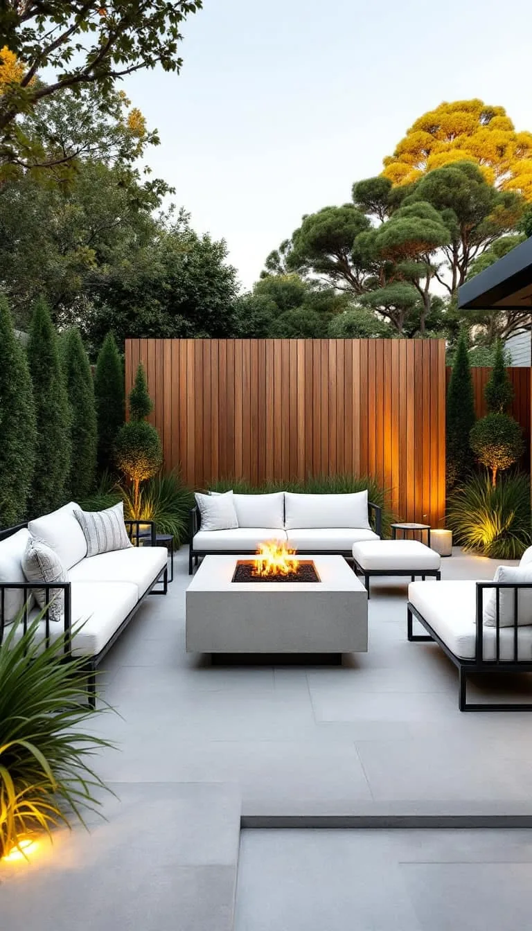 sleek concrete fire pit lounge area with minimalist outdoor furniture 1