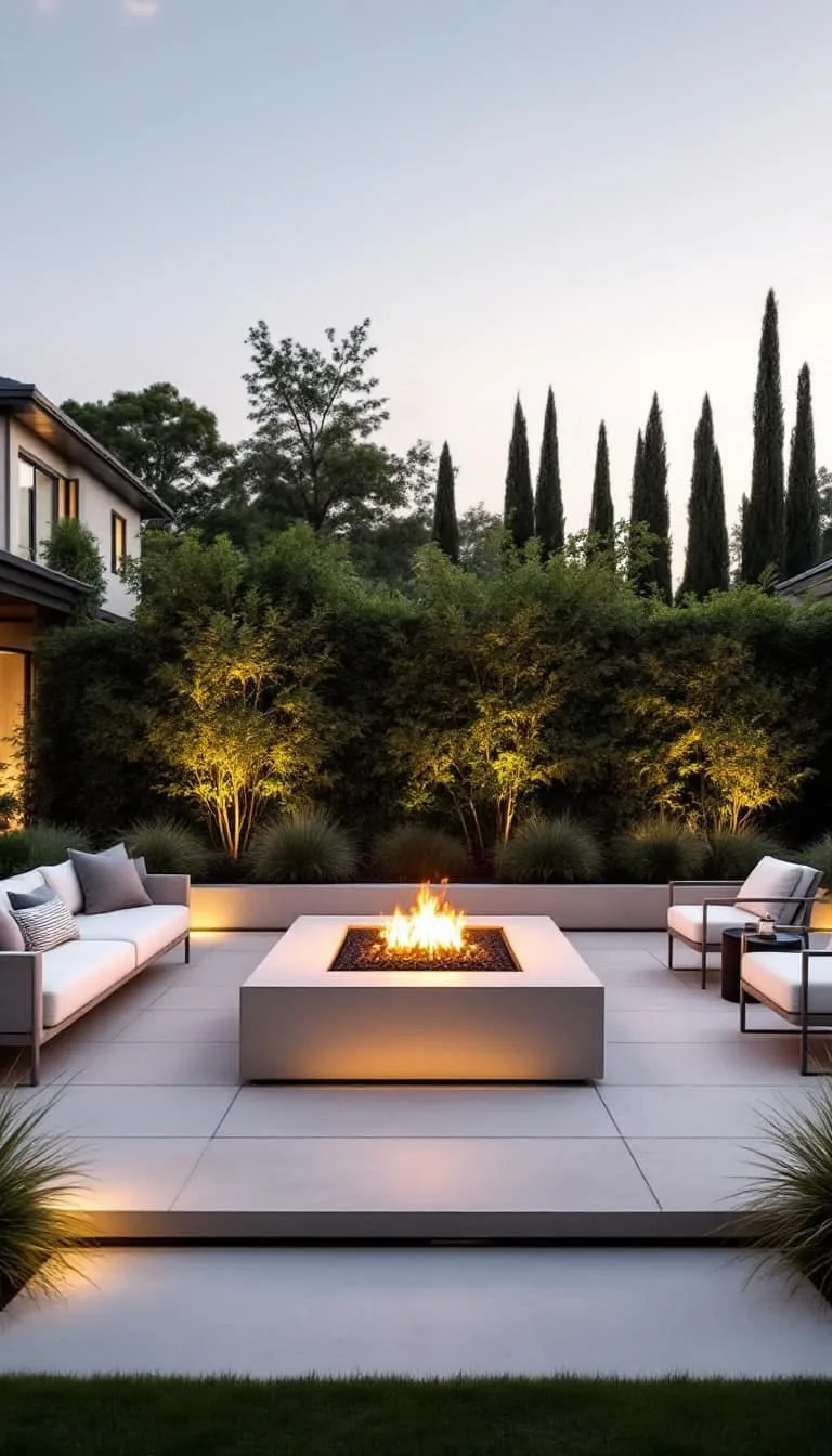 sleek concrete fire pit lounge area with minimalist outdoor furniture 1