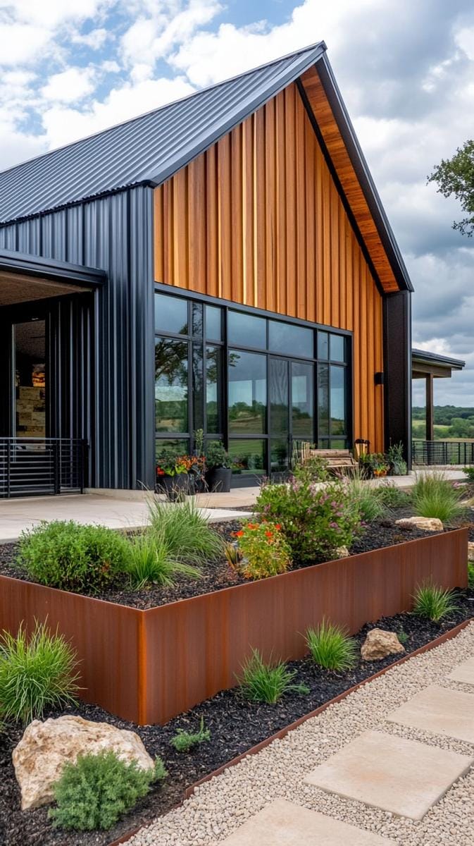sleek corrugated steel panels paired with vertical cedar slats for contrast 1