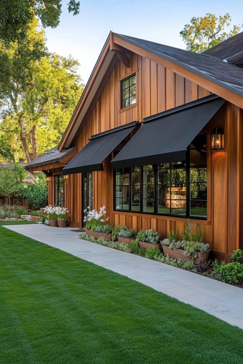 sleek metal awnings above windows for a modernized ranch house charm 1