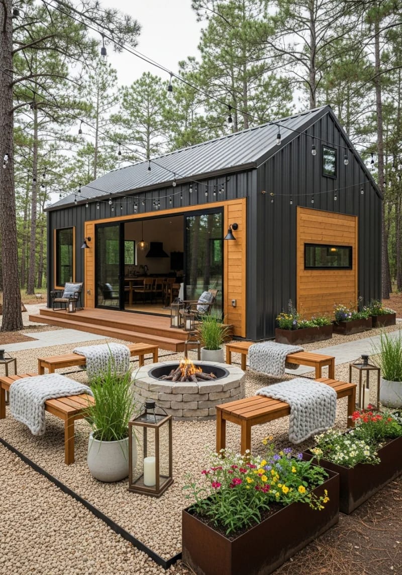 sliding glass walls opening to a cozy outdoor firepit area 1