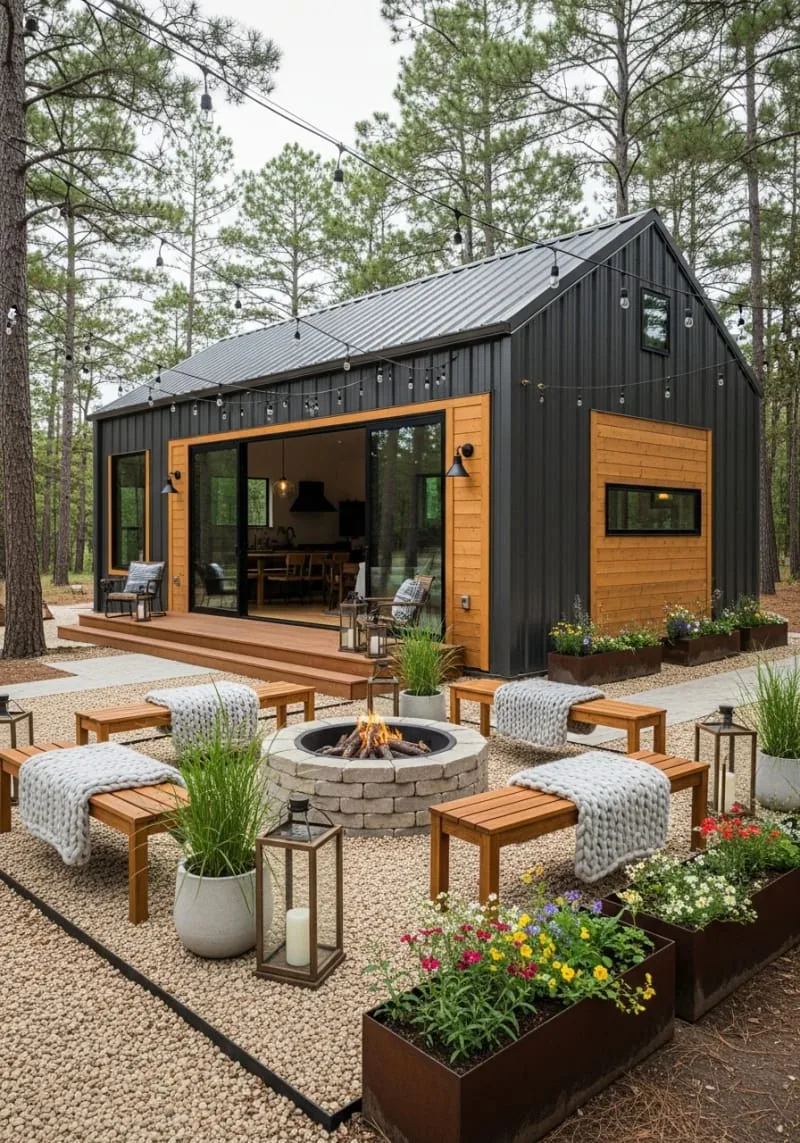 sliding glass walls opening to a cozy outdoor firepit area 1