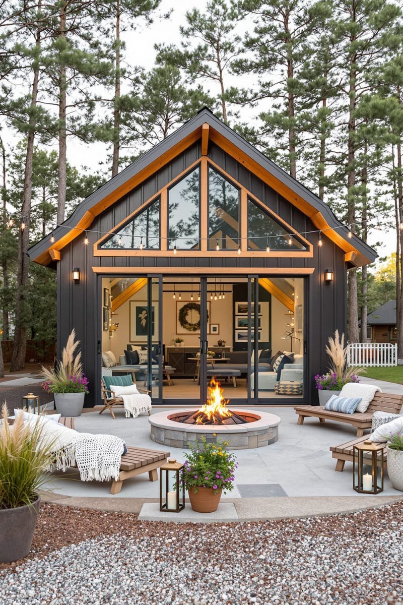 sliding glass walls opening to a cozy outdoor firepit area 1