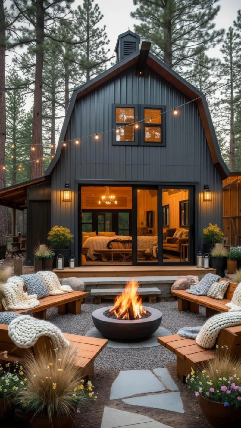 sliding glass walls opening to a cozy outdoor firepit area 1
