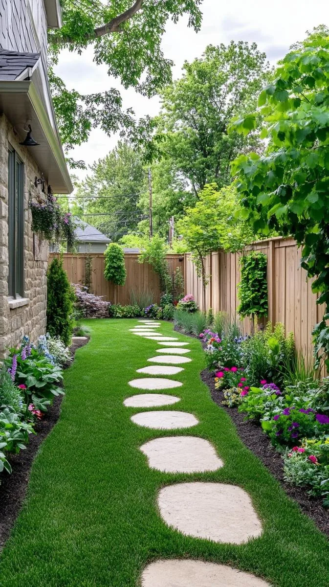 15 Smaller Backyard Landscaping Ideas That Maximize Space & Style 29 slim backyard with central stone walkway 1
