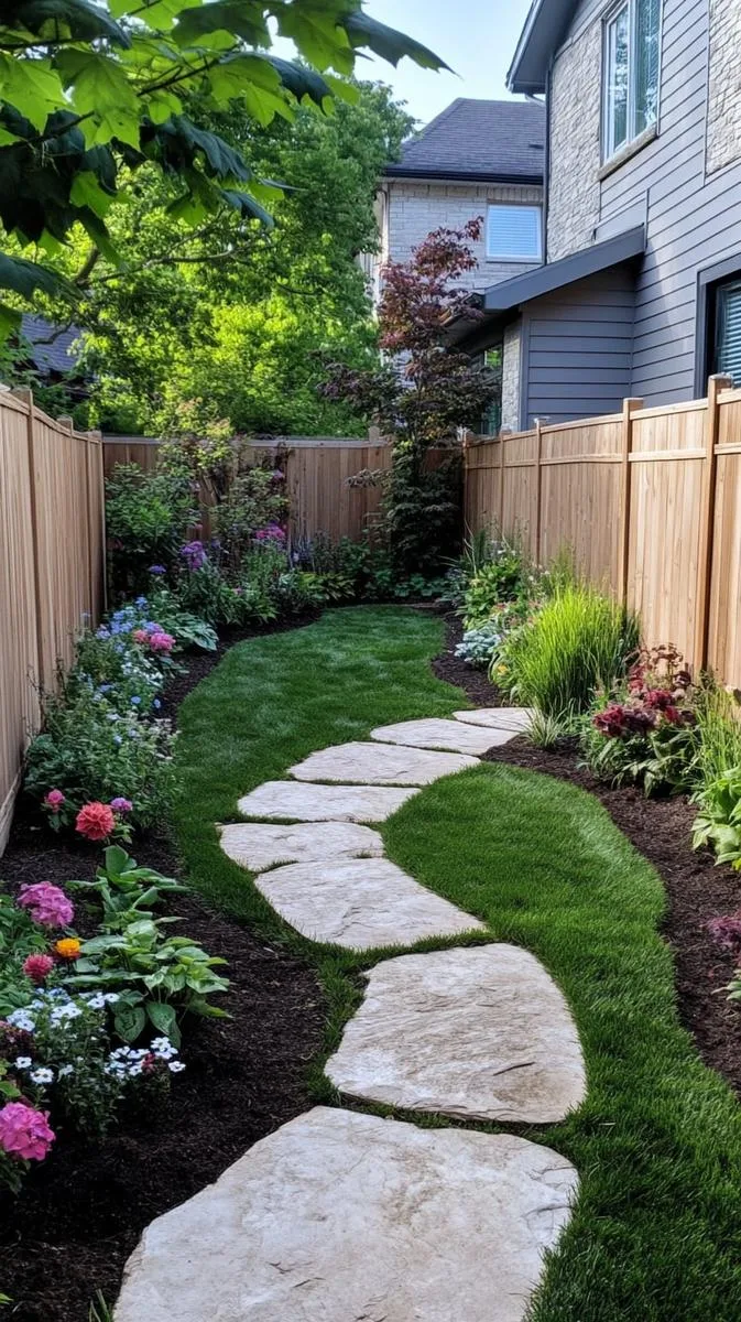 15 Smaller Backyard Landscaping Ideas That Maximize Space & Style 30 slim backyard with central stone walkway 1