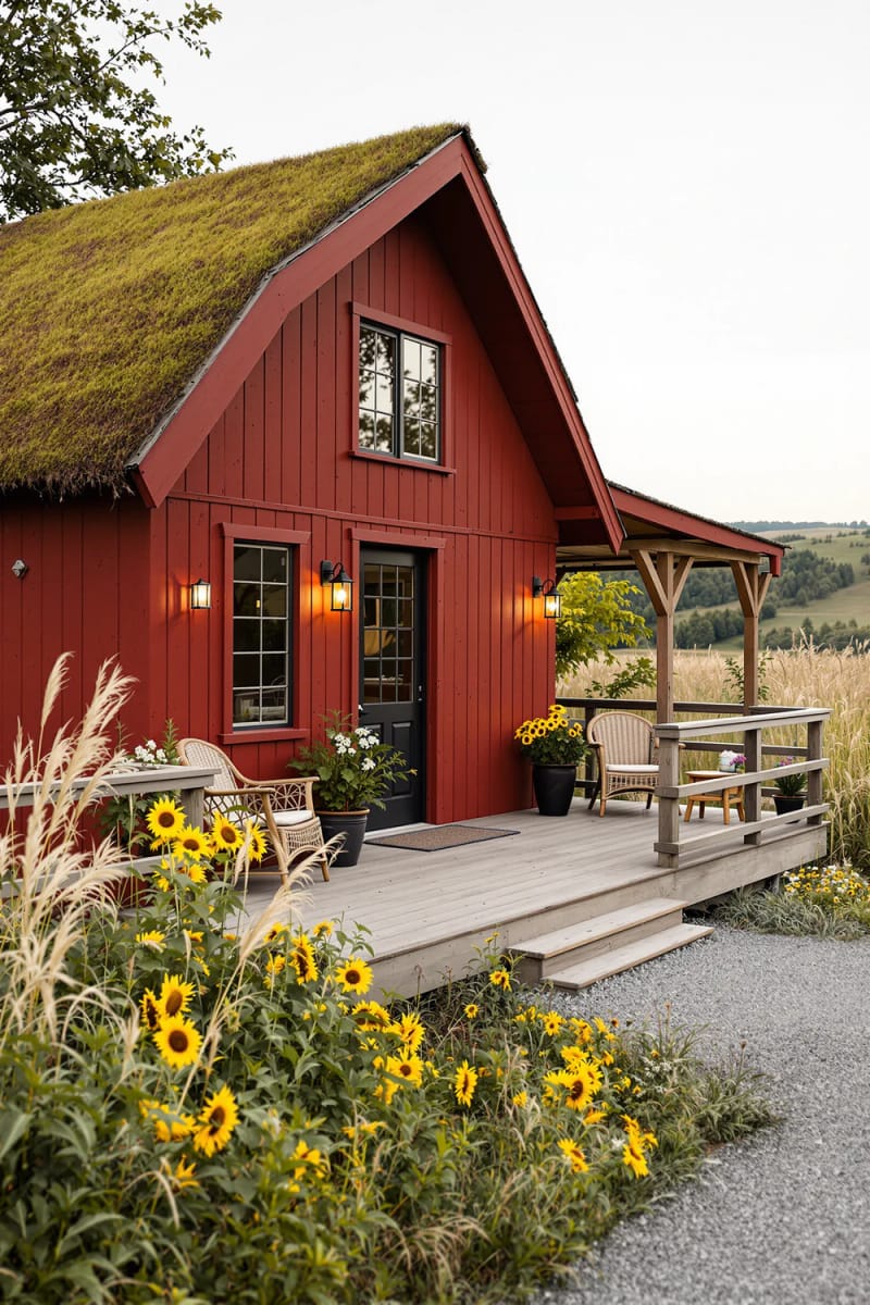 21 Small Barn House Designs with Modern Rustic Charm 72 small barn retreat with green roof and wraparound deck 1