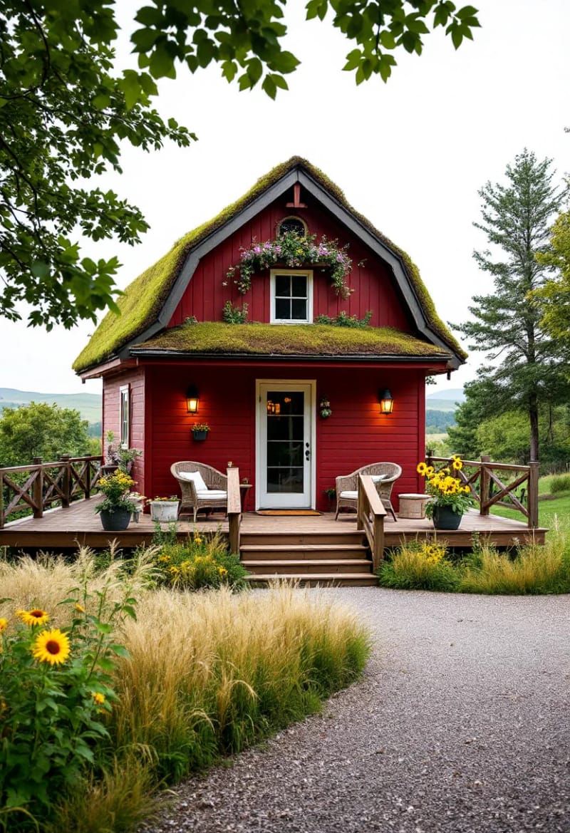 21 Small Barn House Designs with Modern Rustic Charm 73 small barn retreat with green roof and wraparound deck 1