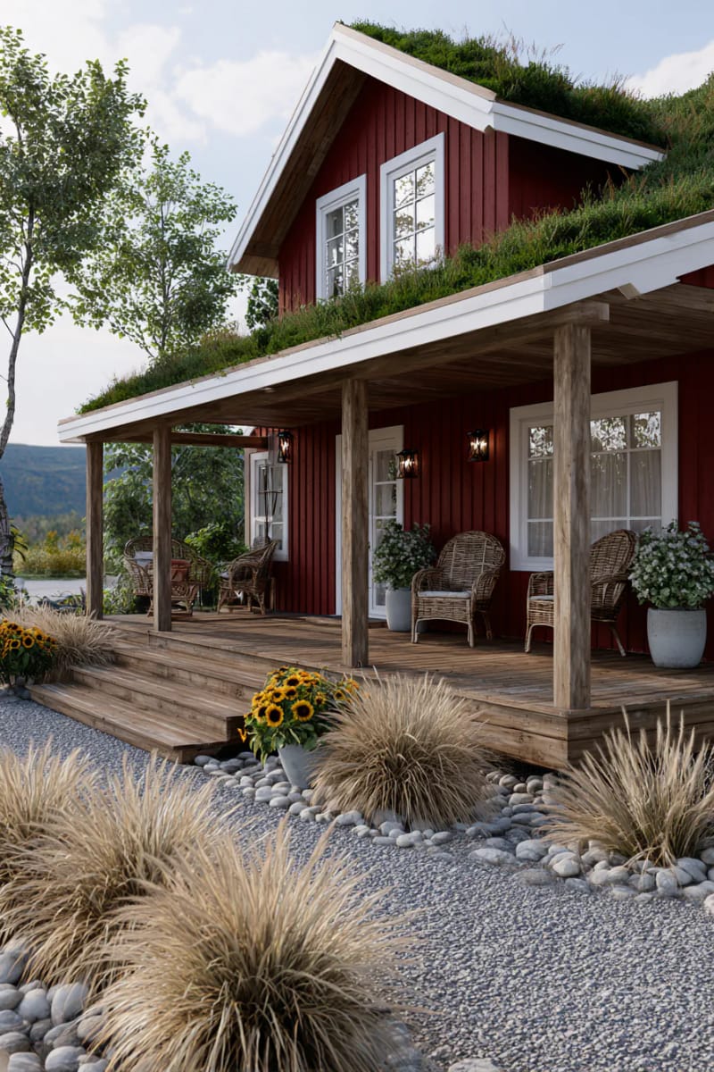 21 Small Barn House Designs with Modern Rustic Charm 74 small barn retreat with green roof and wraparound deck 1