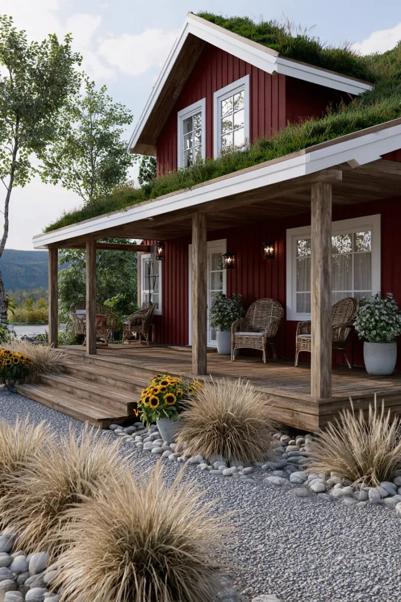 21 Small Barn House Designs with Modern Rustic Charm 74 small barn retreat with green roof and wraparound deck 1