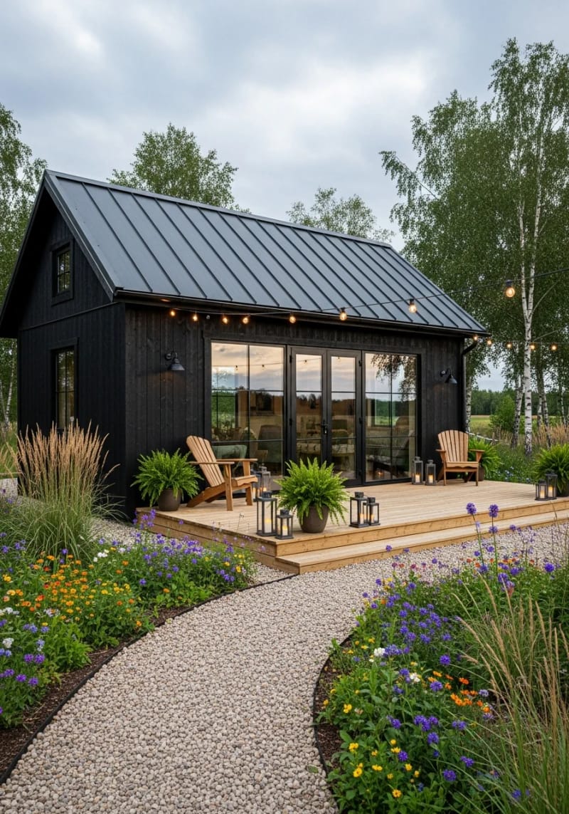 21 Small Barn House Designs with Modern Rustic Charm 6 small black barn house with metal roof and deck 1