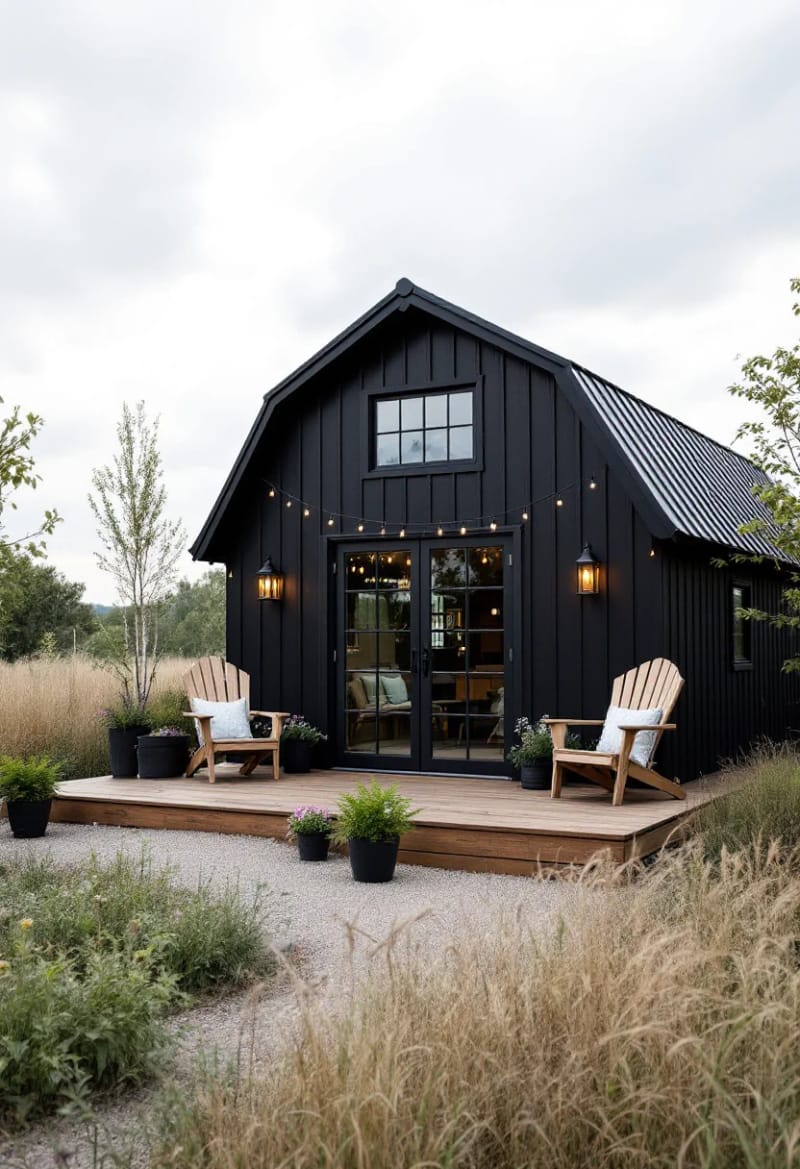 21 Small Barn House Designs with Modern Rustic Charm 8 small black barn house with metal roof and deck 1