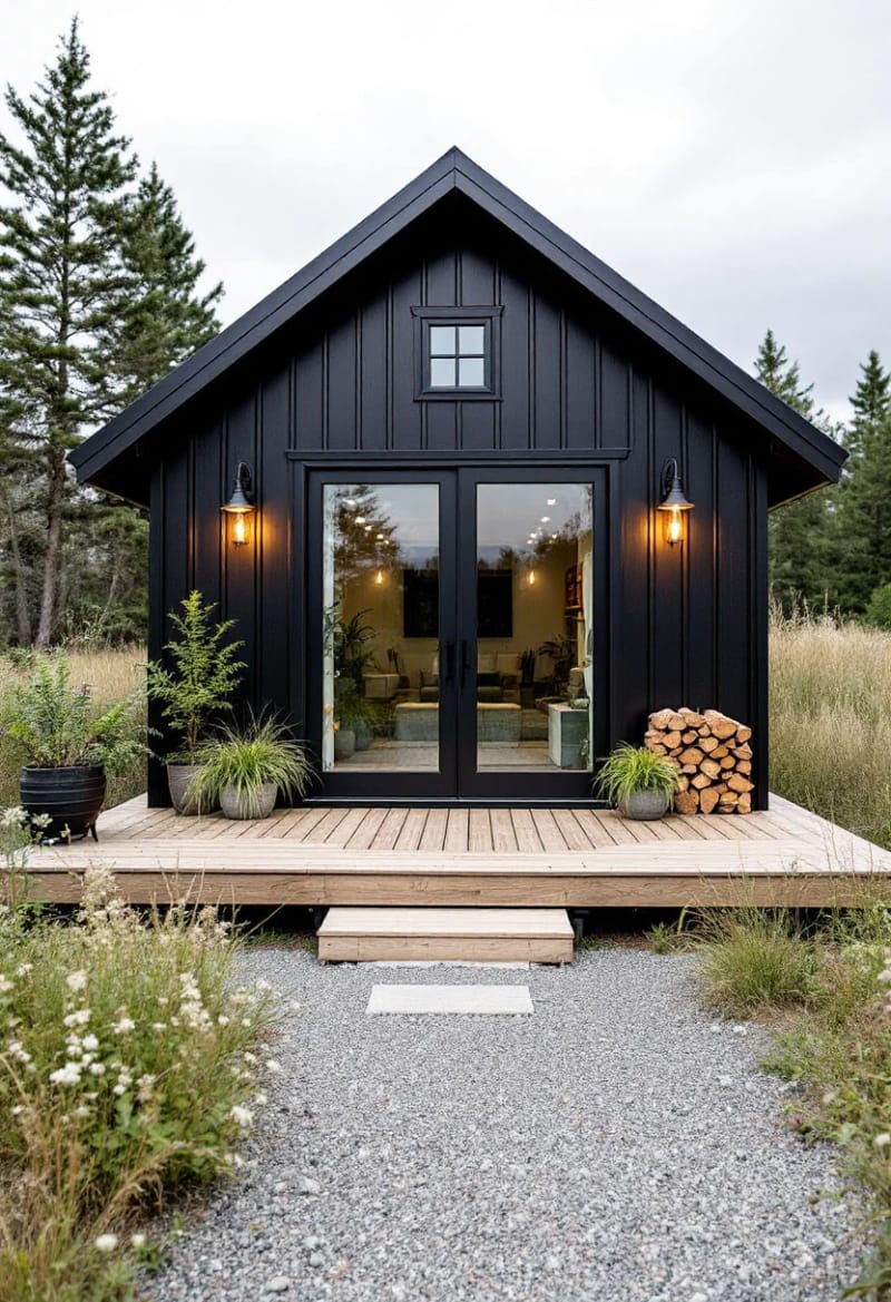 21 Small Barn House Designs with Modern Rustic Charm 9 small black barn house with metal roof and deck 1