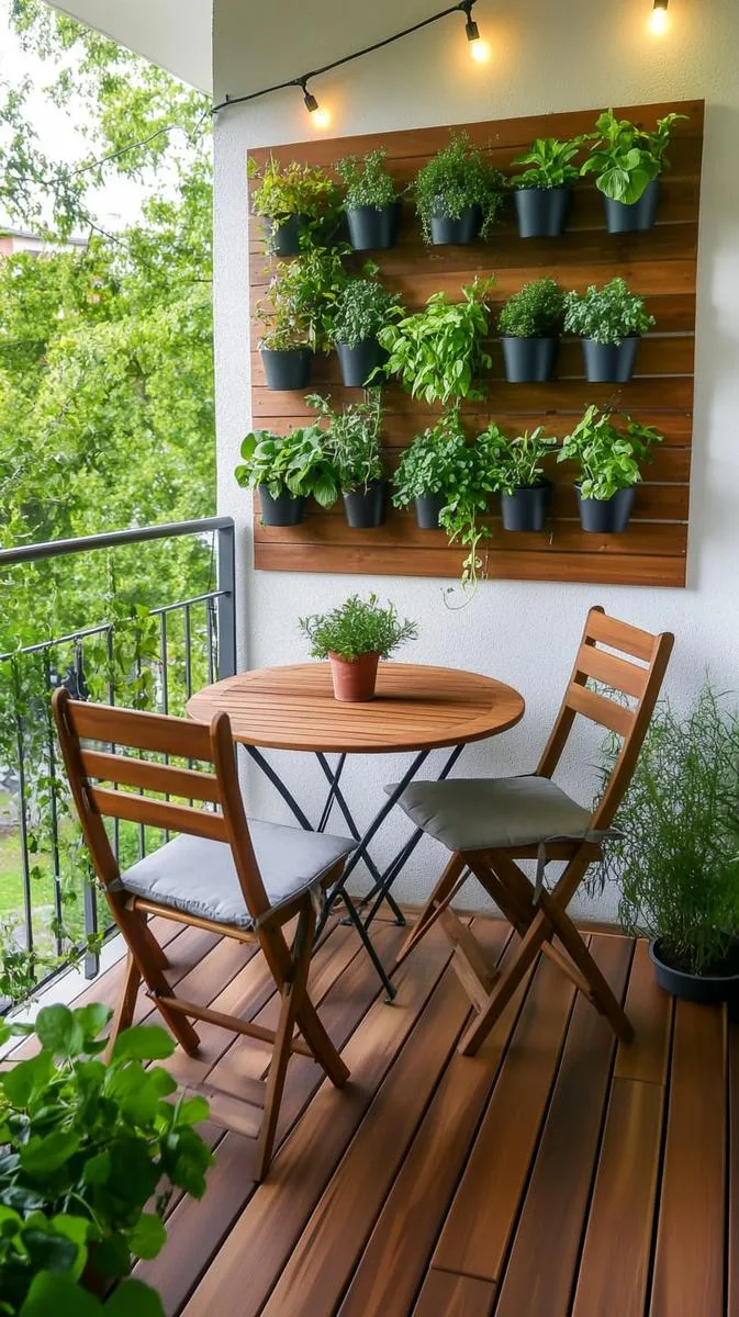 small deck oasis with foldable bistro set and wall-mounted herb garden 1