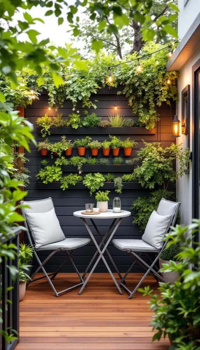small deck oasis with foldable bistro set and wall-mounted herb garden 1