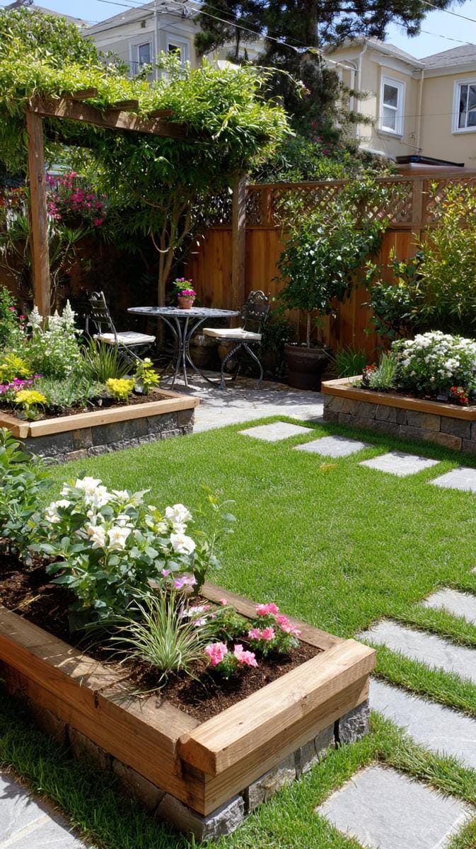 small square lawn bordered by planters 1