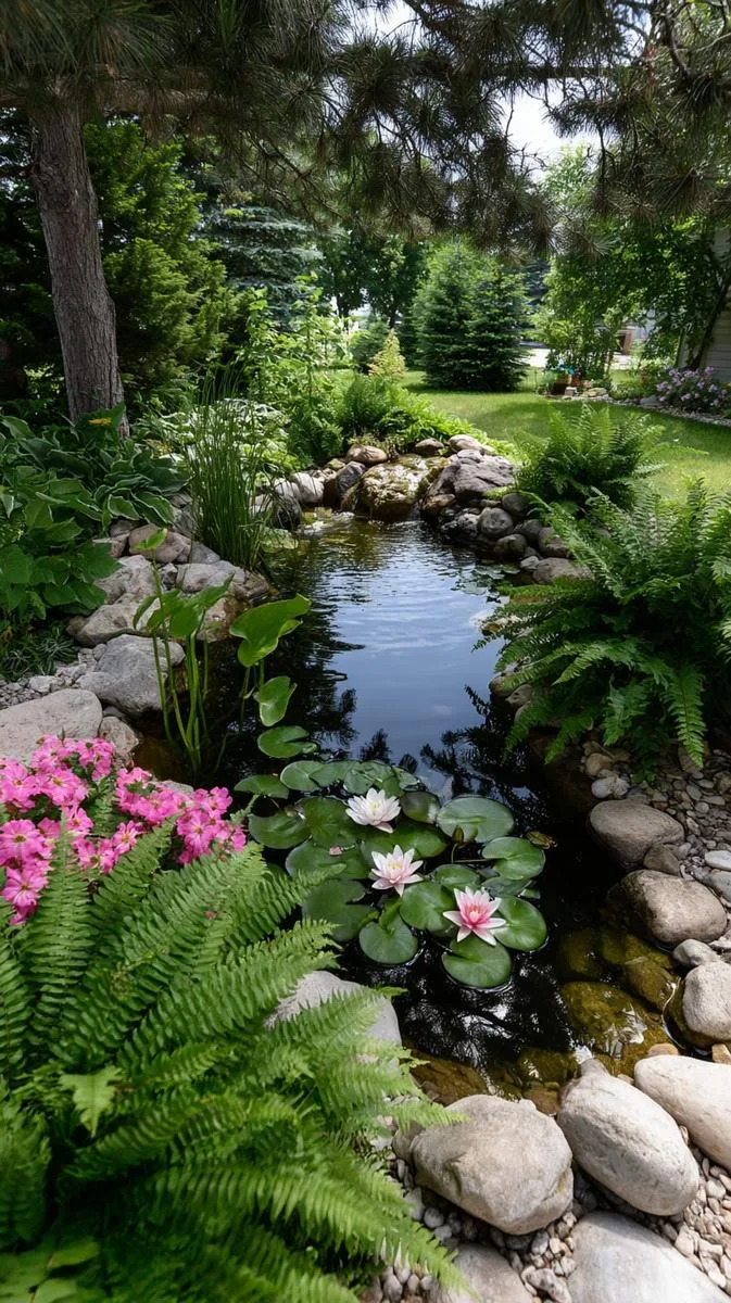 small wildlife pond with water lilies and frogs 1