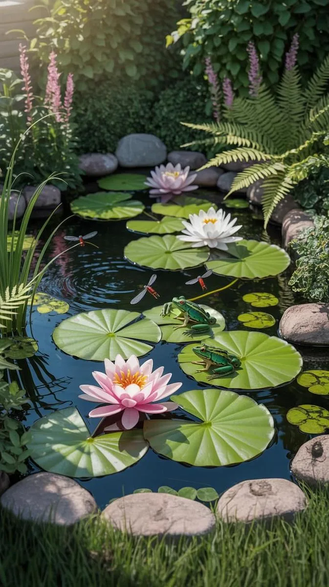 small wildlife pond with water lilies and frogs 1