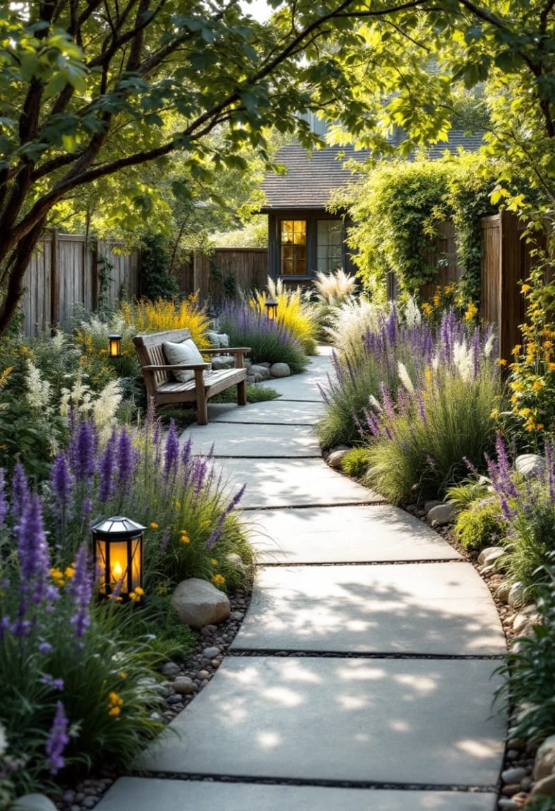 15 Unique Concrete Backyard Ideas for Creative Outdoor Style 28 smooth concrete pathway winding through a wildflower backyard garden 1
