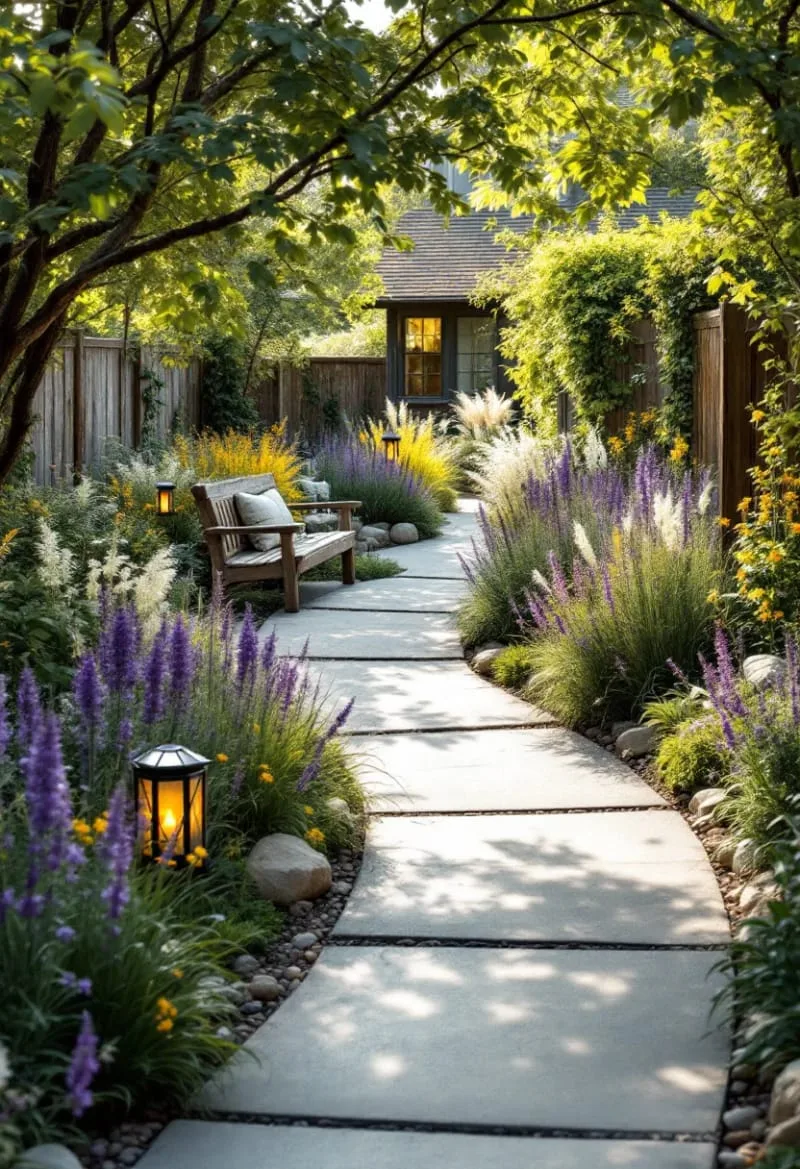 15 Unique Concrete Backyard Ideas for Creative Outdoor Style 27 smooth concrete pathway winding through a wildflower backyard garden 1