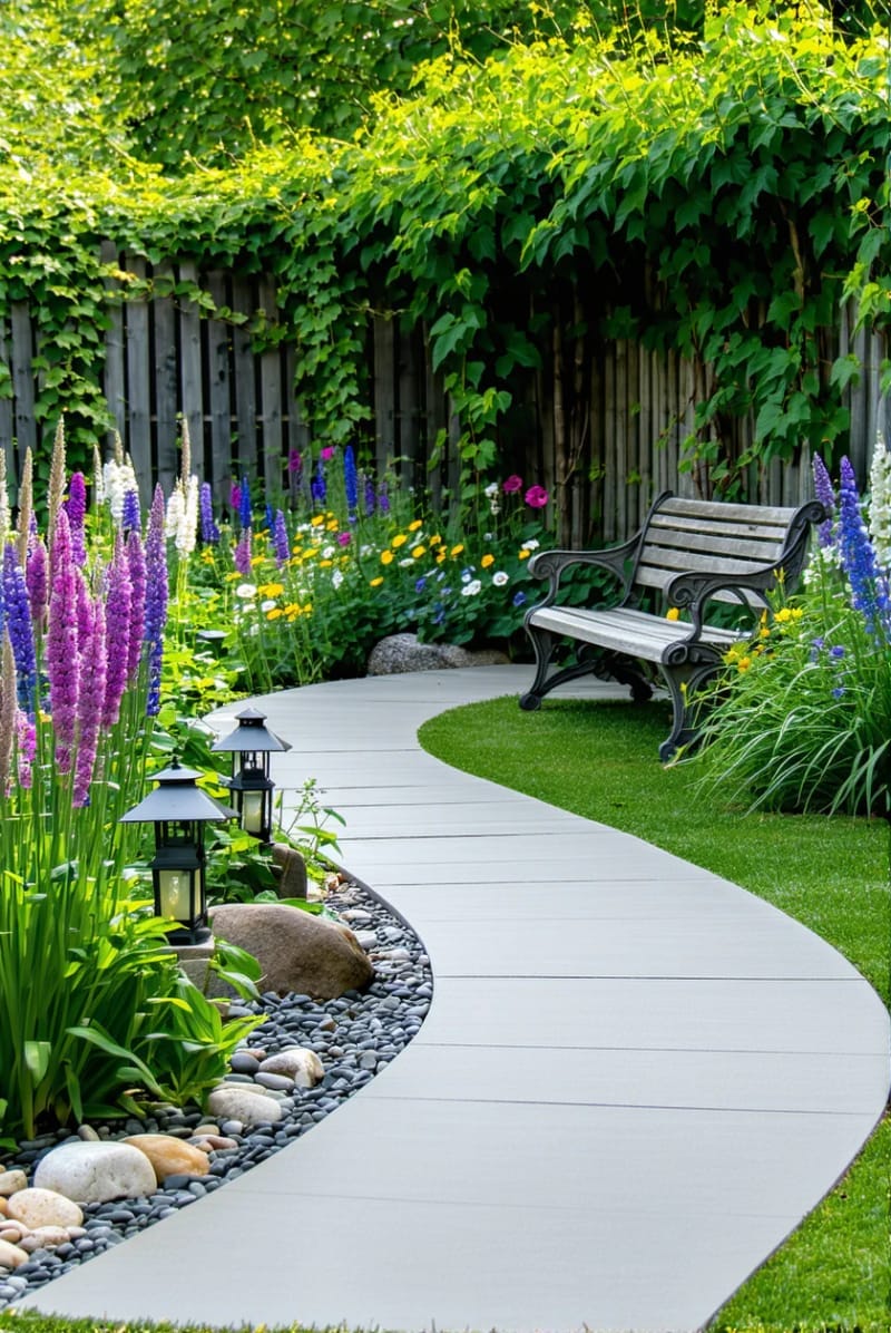 15 Unique Concrete Backyard Ideas for Creative Outdoor Style 29 smooth concrete pathway winding through a wildflower backyard garden 1