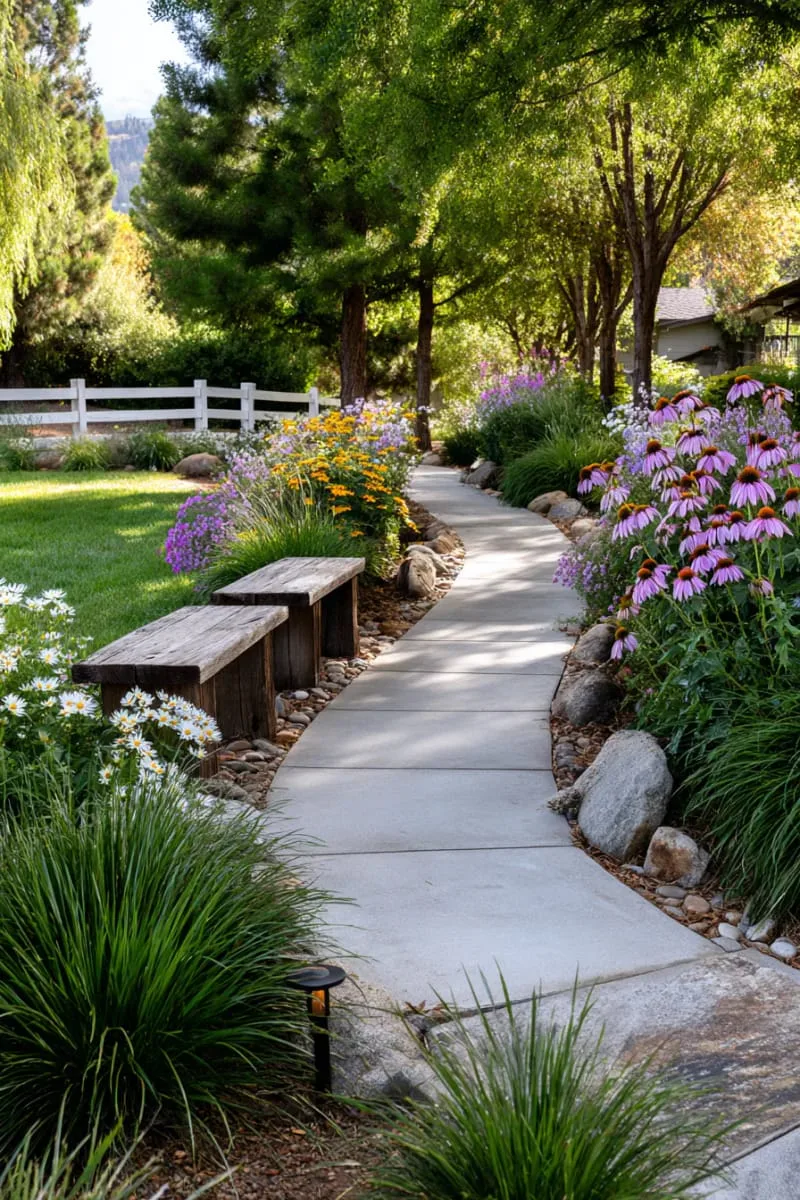 15 Unique Concrete Backyard Ideas for Creative Outdoor Style 29 smooth concrete pathway winding through a wildflower backyard garden 1