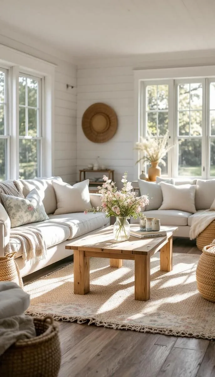 27 Dreamy Farmhouse Summer Decor Inspirations to Refresh Your Space 49 soft jute rugs layered with faded floral runners in living rooms 1